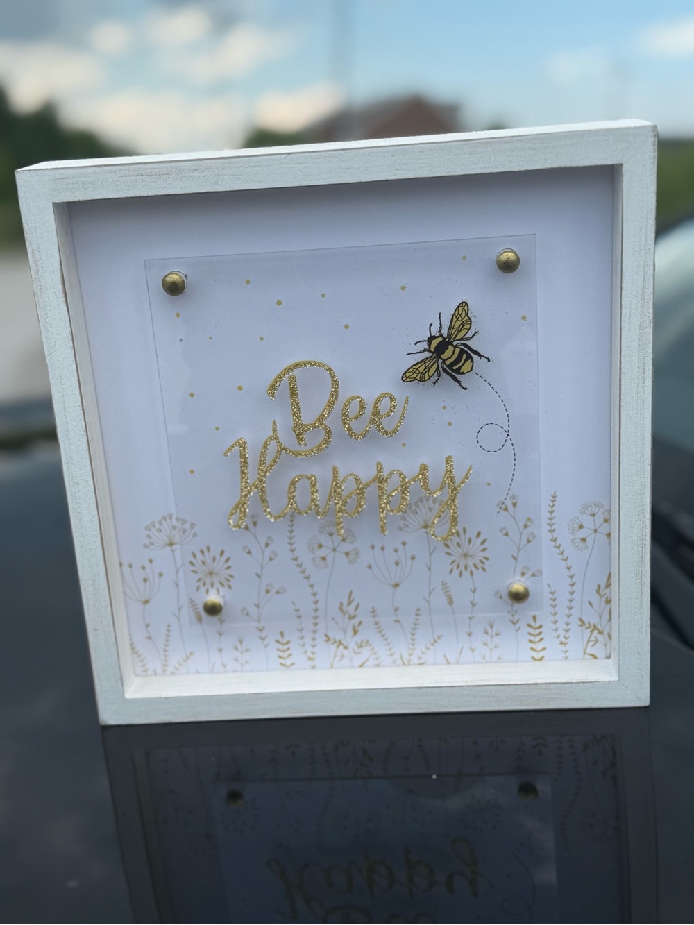 Bee Happy Gold Glitter Wall Art - White Frame💛🖤💛